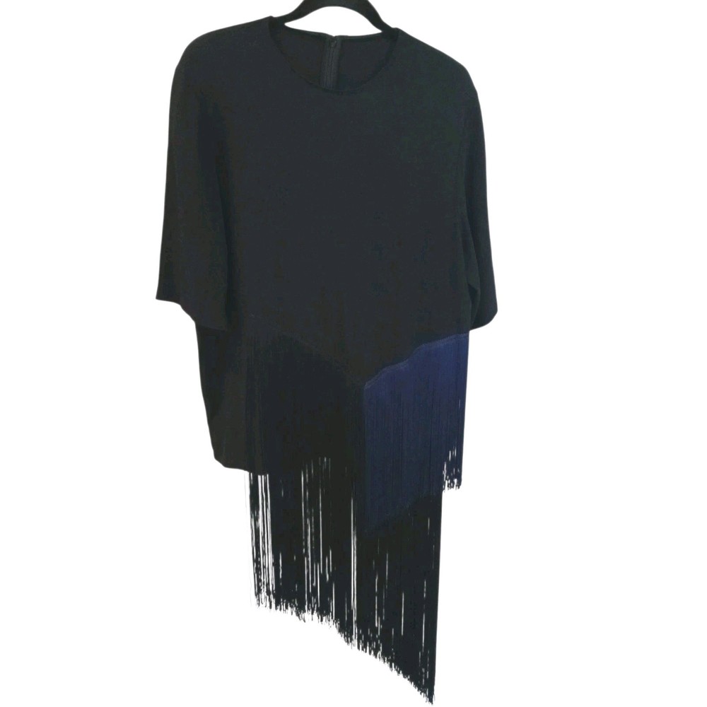 Stella Mccartney Edith Two Tone Fringed Crepe Tunic Black/Blue US 8/10 Party
