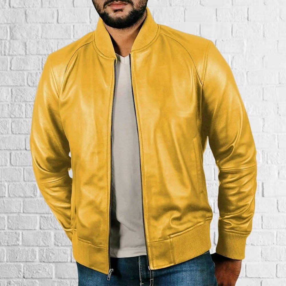 Men's Slim Fit Yellow Lambskin Bomber Leather Motorcycle Jacket