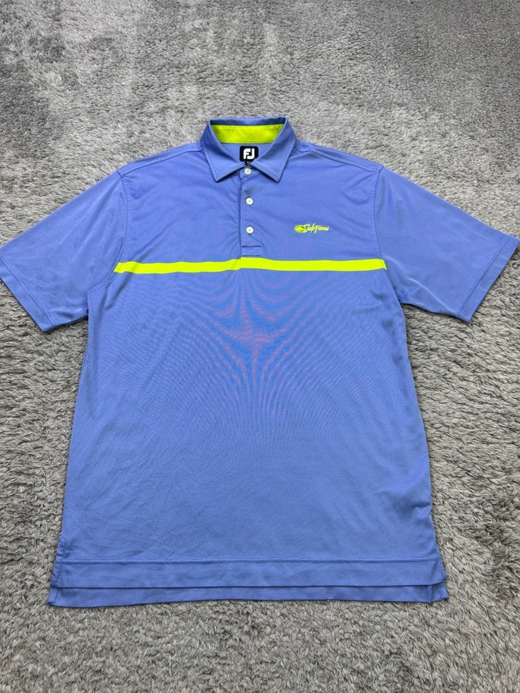 Footjoy Shirt Men Large Blue Neon Yellow Striped Stretch Performance Golf Polo