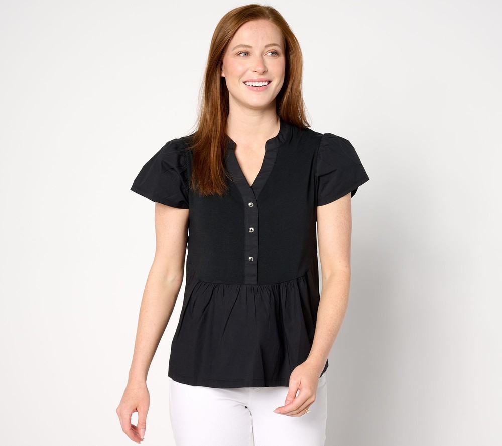 Anybody Women's Top Sz M Flutter Sleeve Knit & Woven Henley Black A643853