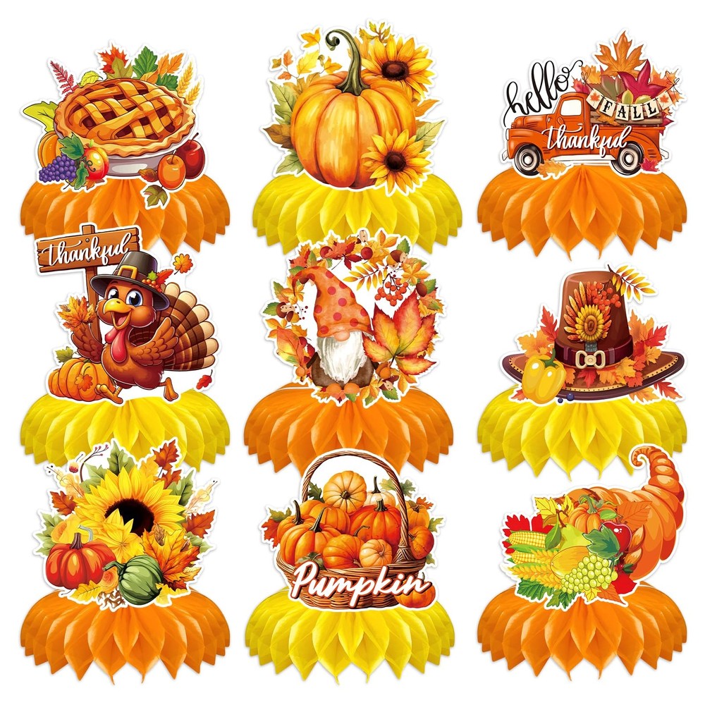 9 Pcs Fall Honeycomb Centerpiece Table Decorations Thanksgiving Pumpkin Turkey
