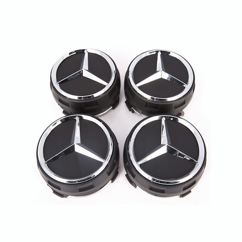MERCEDES 0004000900 RAISED BLACK CENTER CAP W/ CHROME STAR OEM 4 SET OEM