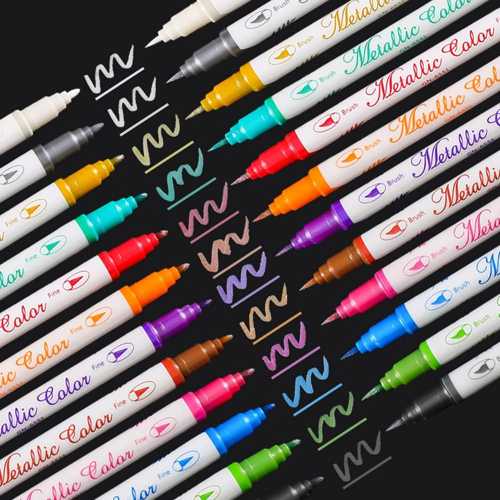 Metallic Markers Dual Tip Metallic Marker Pens Brush and Fine Point Pens for Bla