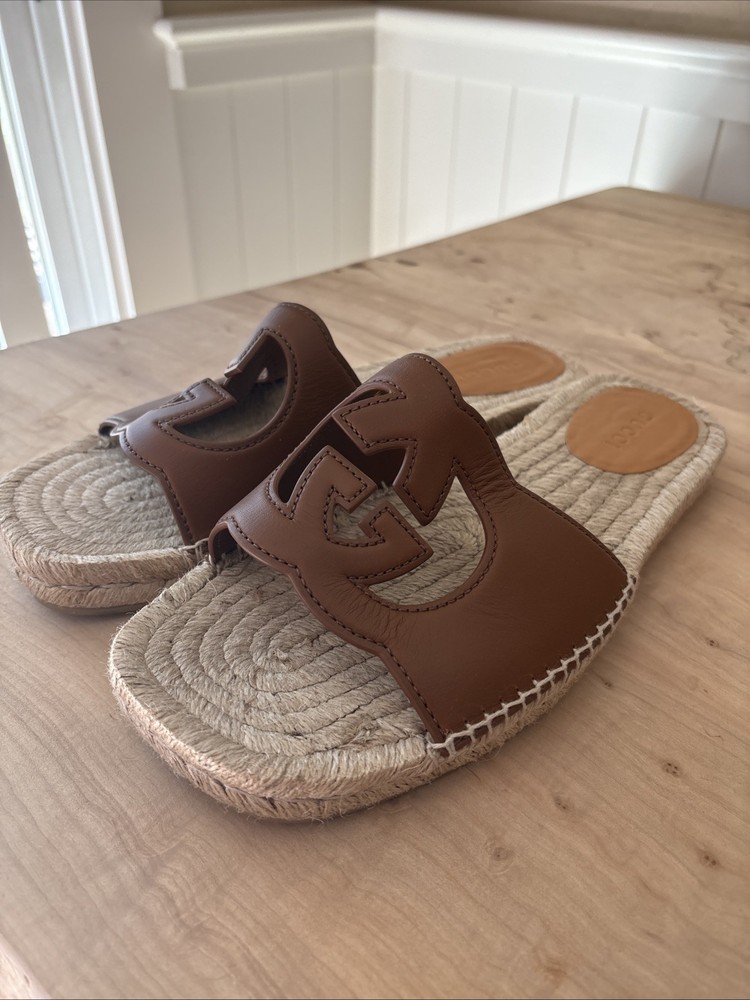 Men's Gucci Brown Leather Espadrille Sandals Size 11