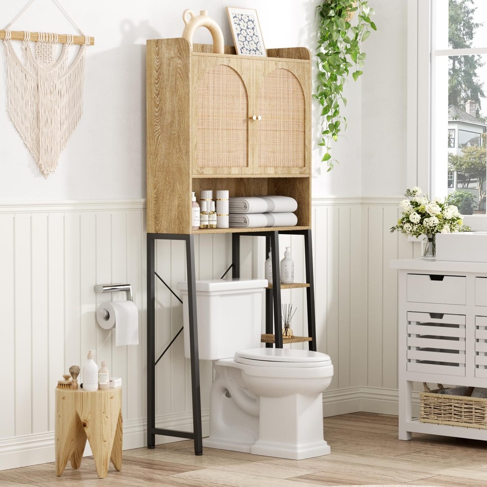 Rattan Over The Toilet Storage Cabinet with Adjustable Shelf, Bathroom Organi...