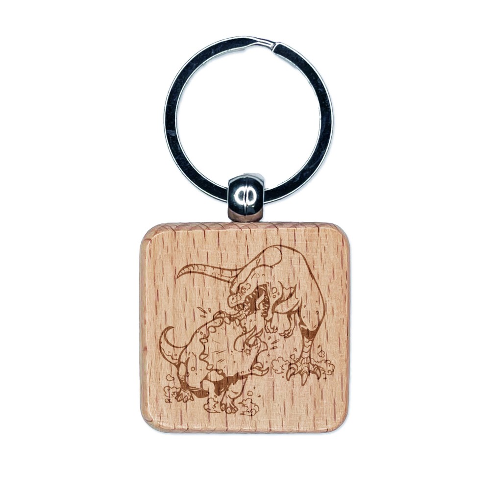 Triceratops and T-Rex Dinosaurs Fighting Engraved Wood Square Keychain Tag Charm