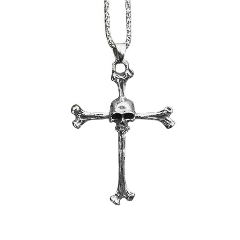 Gothic Skull Cross Pendant Necklace Punk Men Halloween Skeleton Choker Necklaces