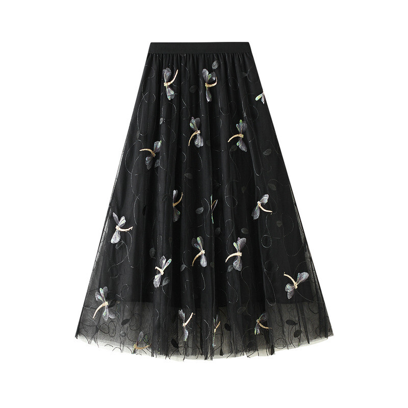 3D Embroidered Dragonfly High-Waisted Mesh Summer Skirt for Women  