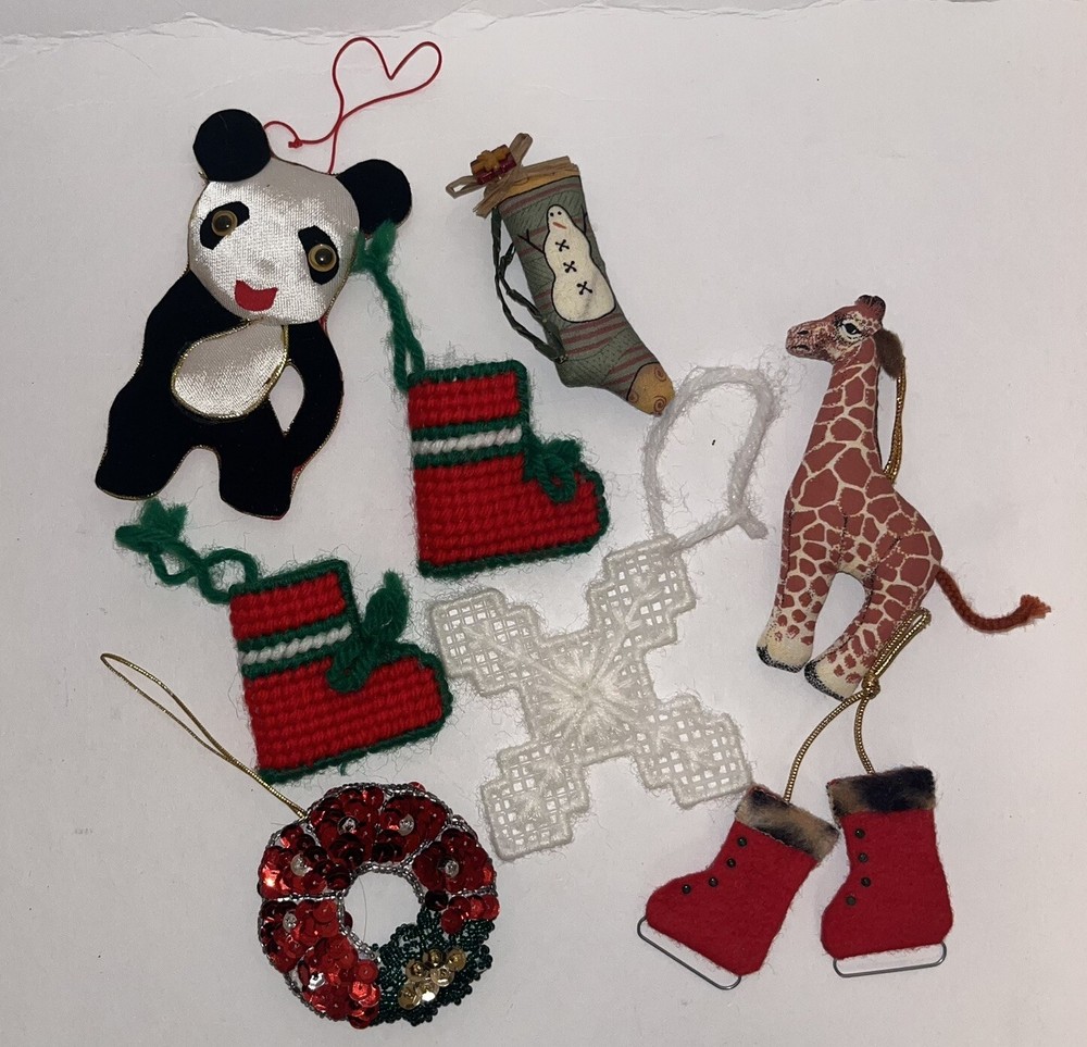 Vintage Handmade Christmas Ornaments Lot of 8 Cloth Yarn Sequin Decor