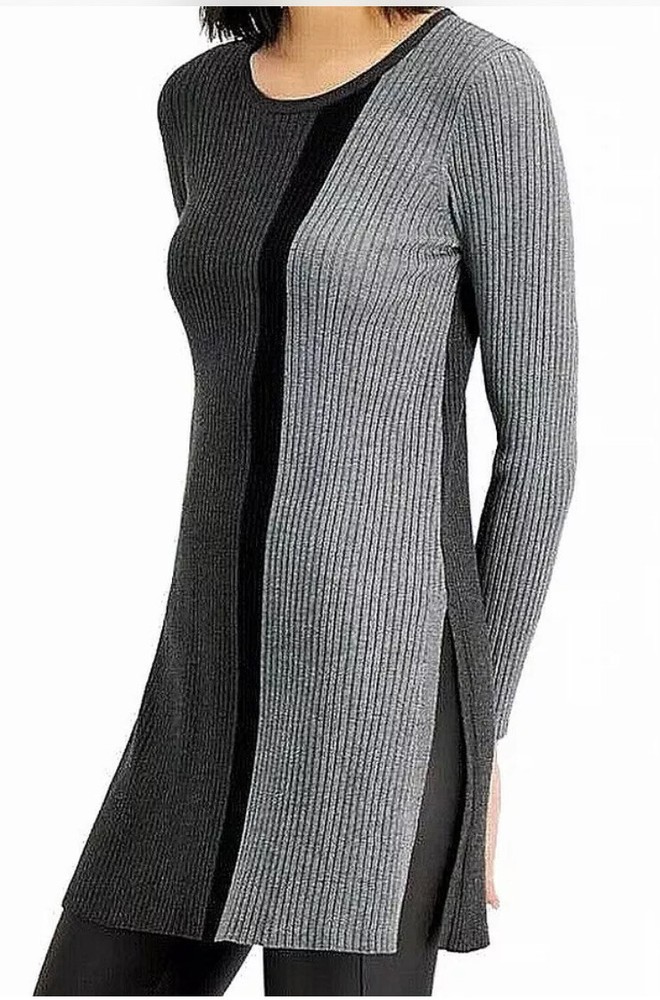Alfani Sweater Top Black gray plus Size 0X Ribbed Color block Tunic #1