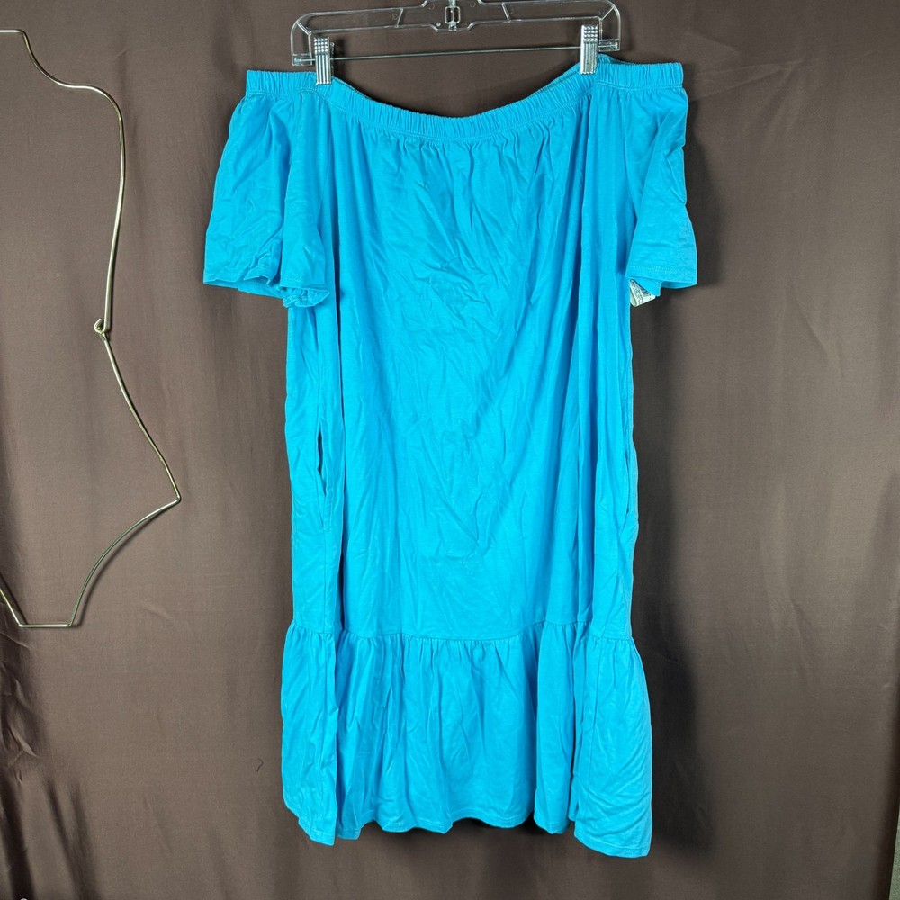Land's End Womens M-2X LONG Off the Shoulder Ruffle Hem Blue Swim Cover-up Dress
