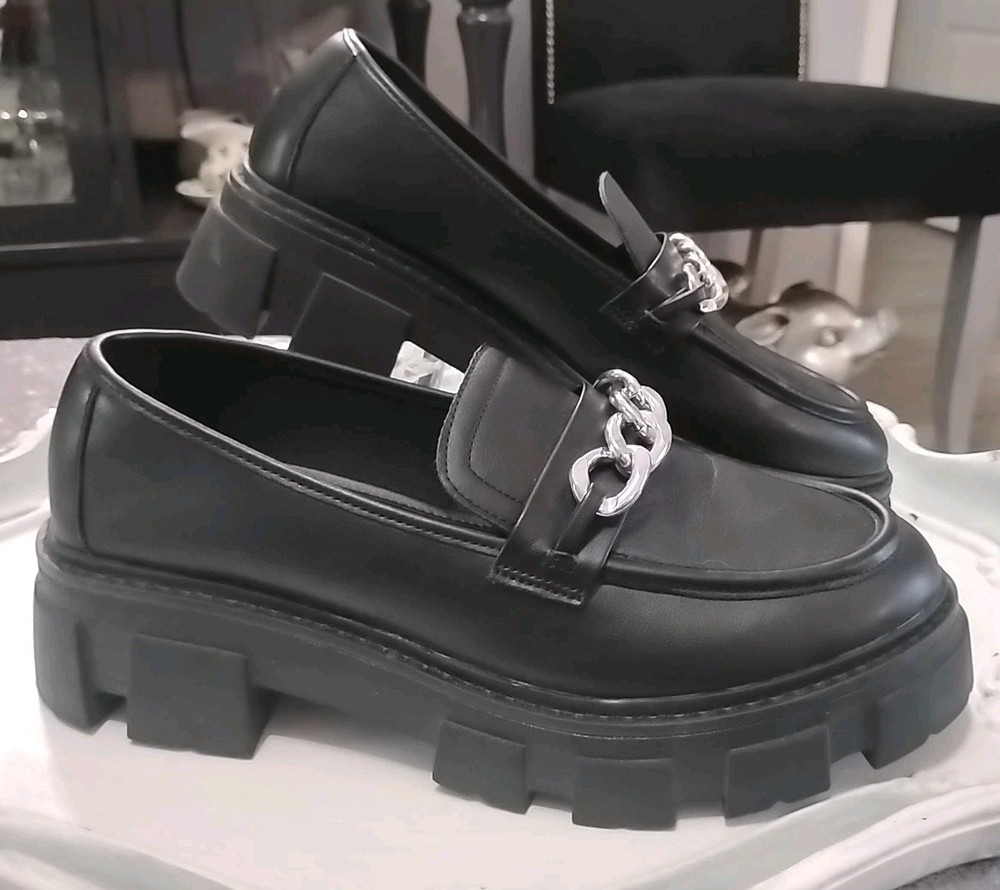 NOBO Y2K Platform Chain Loafers Woman's 9W Black Slip On Chunky Lug Sole Gothic