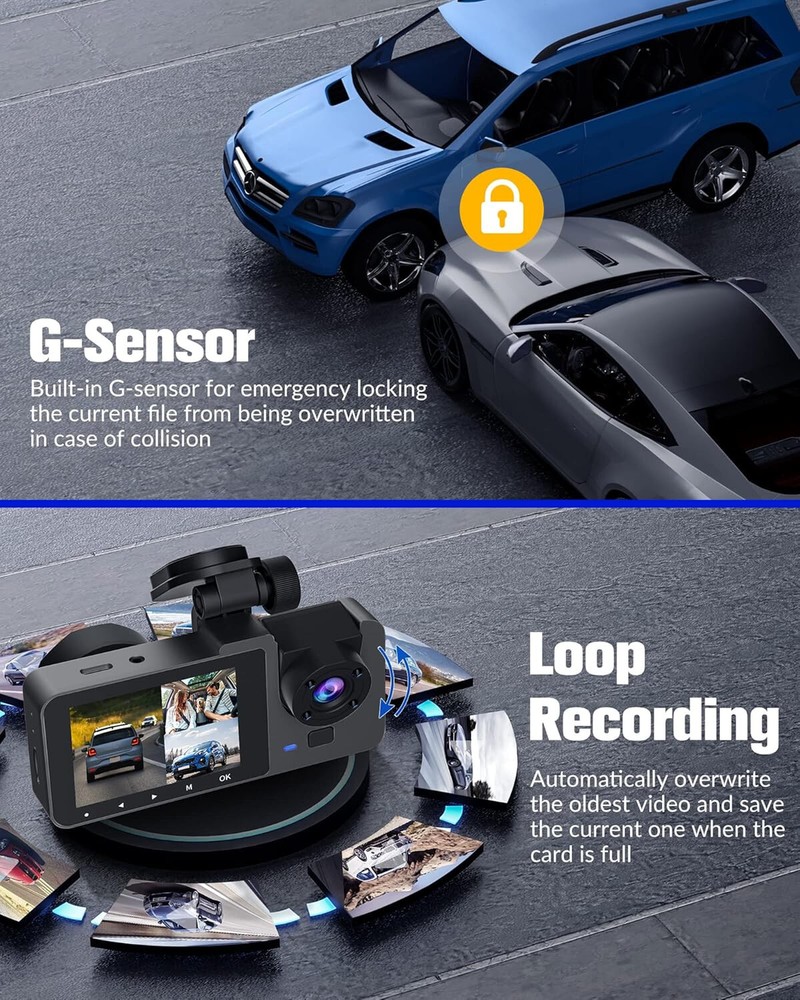 4K Dual Lens Car DVR Camera Dash Cam Front/Rear/Inside G-Sensor Video Recorder