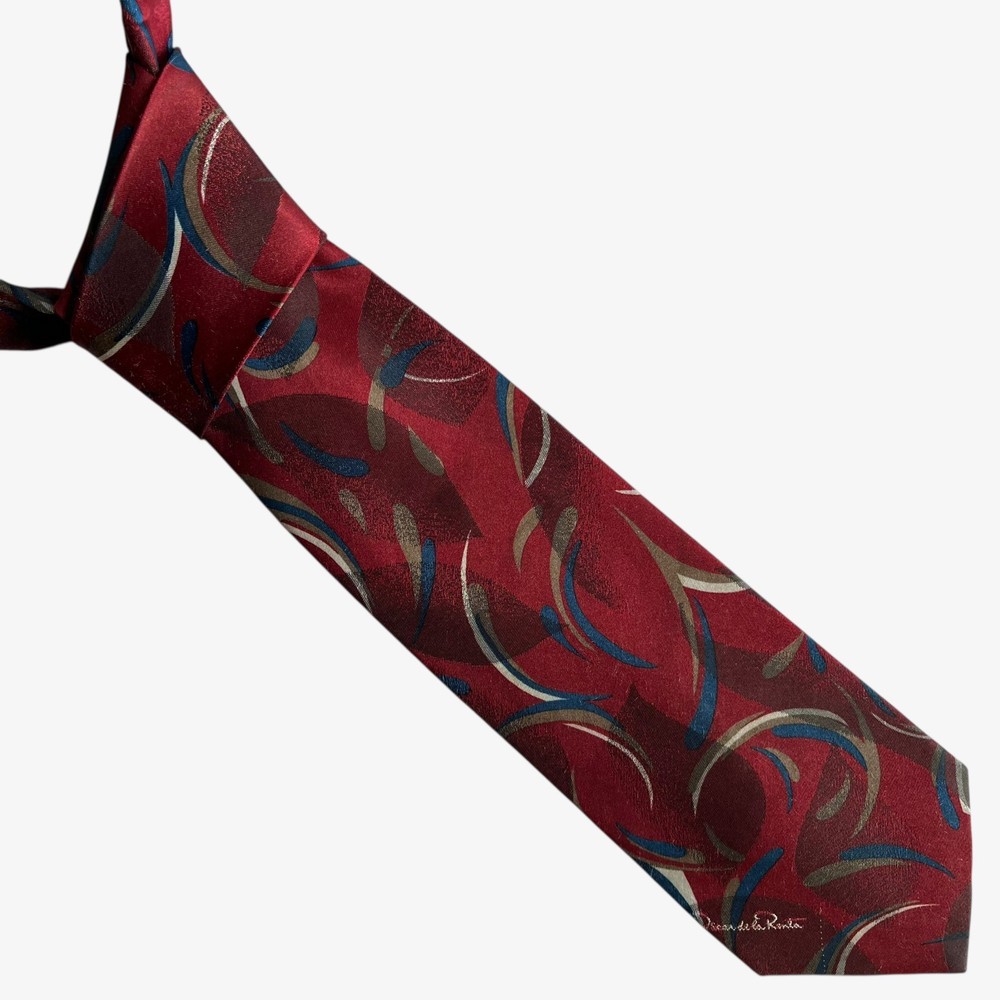 Vintage 90s Oscar De La Renta Studio Abstract Swirl Print Red Silk Tie, Painting