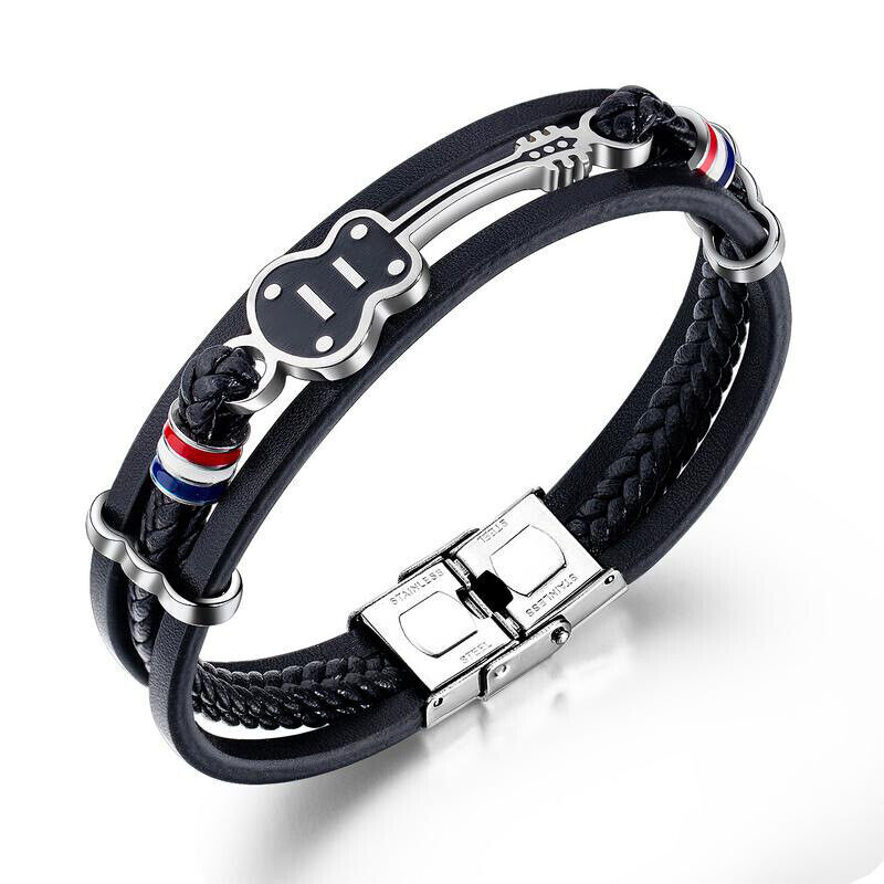 Braided Leather Rope Bracelet for Men with Stainless Steel Guitar Charm for Music Fans