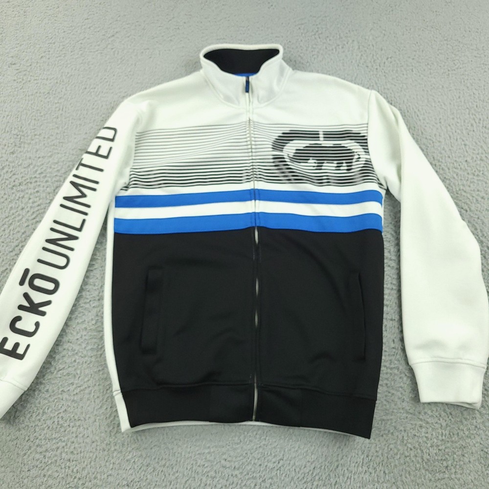 Ecko Unltd Jacket Mens Medium White Black Blue Full Zip Track Hip Hop Logo Style