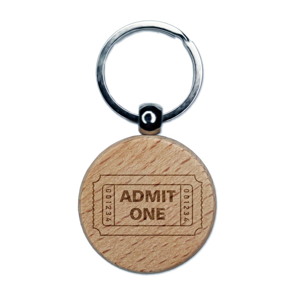 Classic Admit One Movie Raffle Ticket Engraved Wood Round Keychain Tag Charm