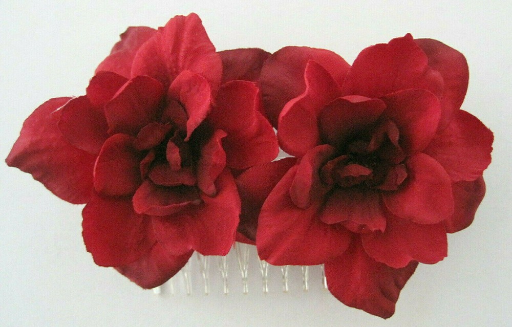 Double Deep Red Apple Blossom Silk Hair Comb for Bridal or Pin Up Styles-image