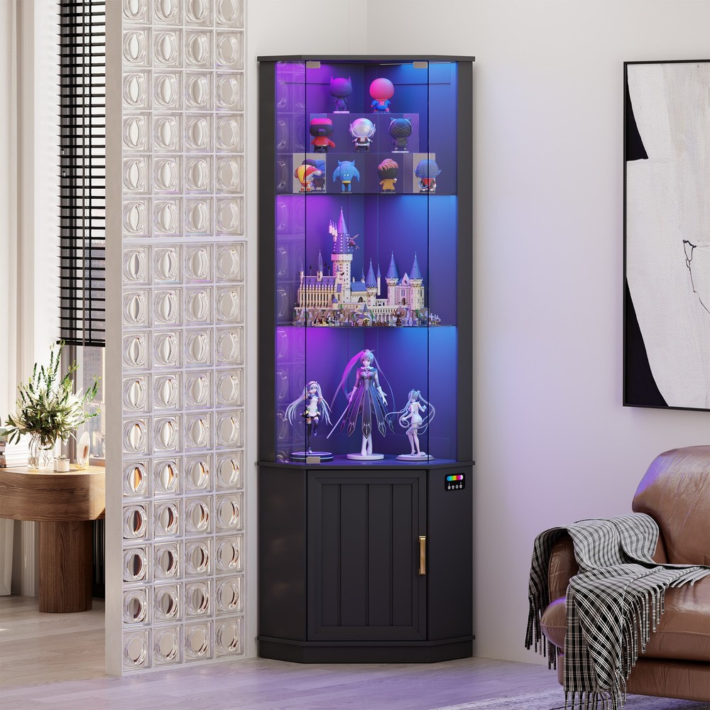 69-Inch 3-Tier Corner Display Cabinet with Glass Doors & RGB Lighting