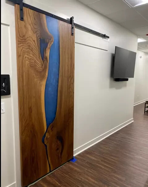 Blue Epoxy River Wooden Panel Door for Living Room or Office - Christmas Sale-image