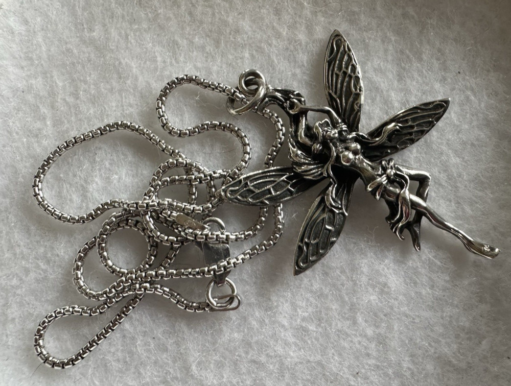 Large Vintage Sterling Silver Intricate Nymph Fairy Pendant Necklace