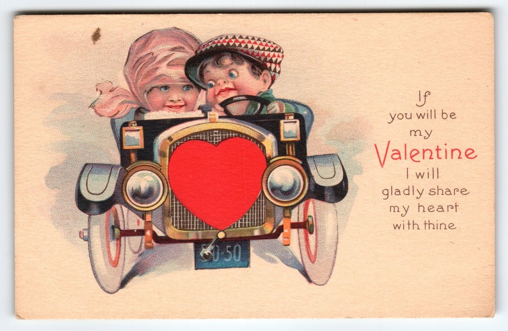 Valentines Day Postcard Kids Driving Automobile Car Vintage Series 1404 Stecher
