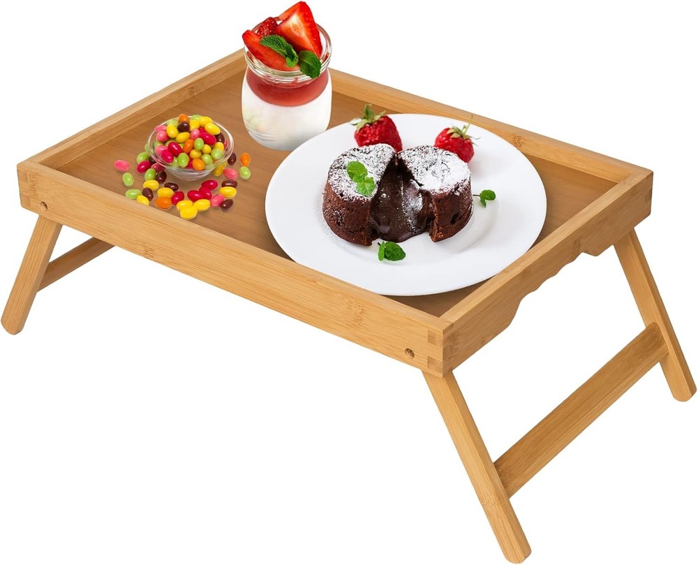 Artmeer Bamboo Bed Tray Table with Folding Legs Breakfast Laptop Snack Table