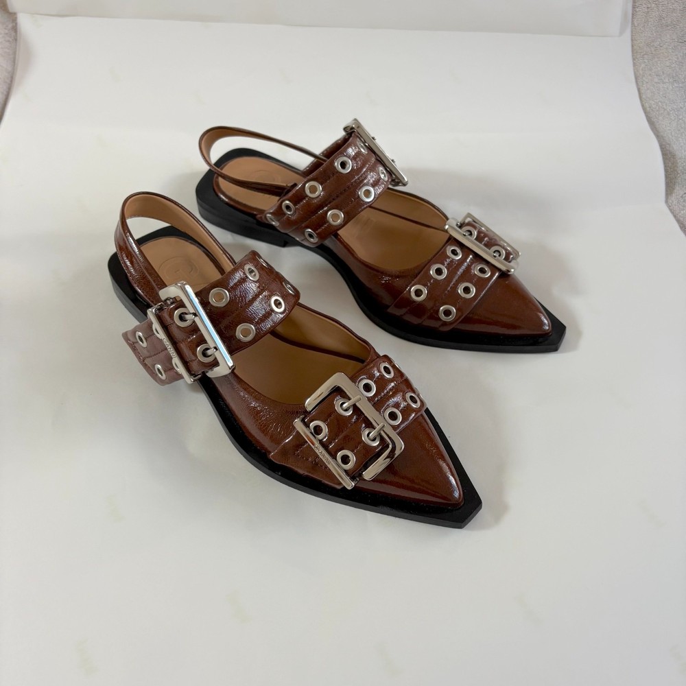 Ganni Brown With Silver Buckle Ballerina Leather Pointed Shoes, Size 36