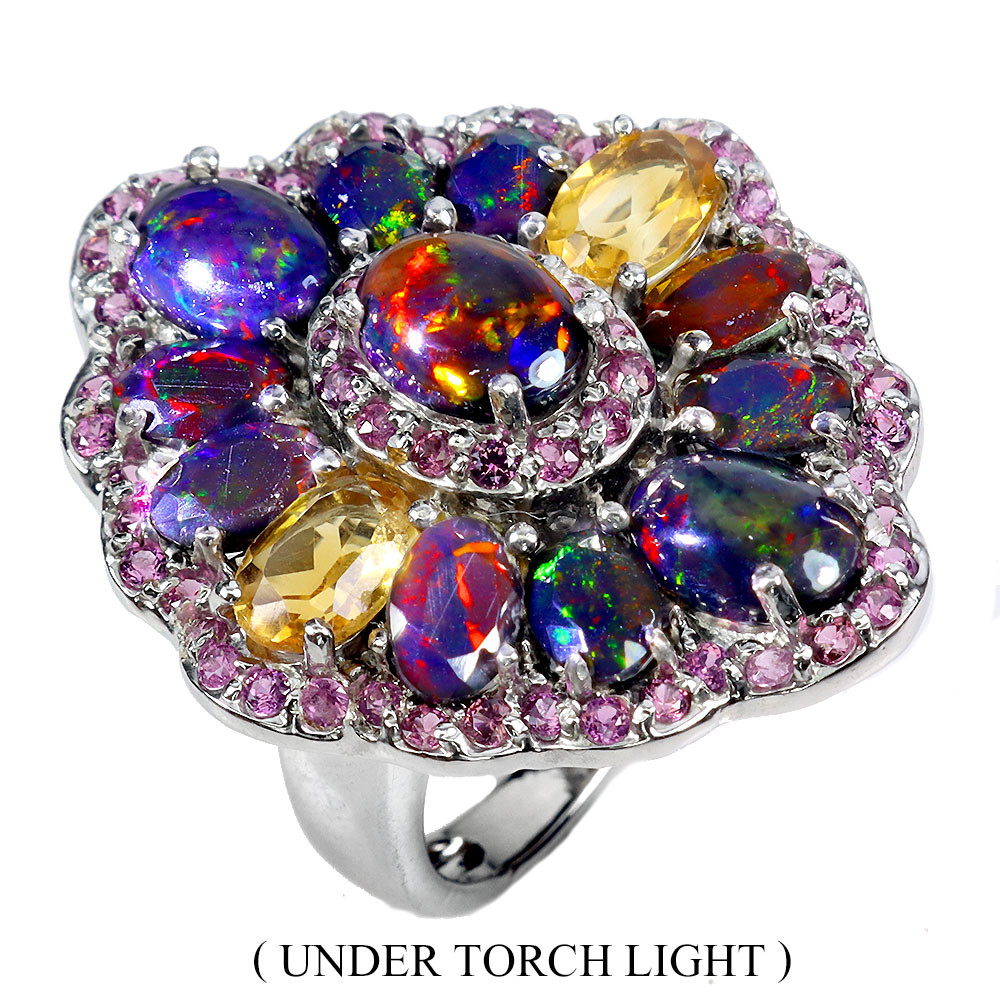 Valentine 925 Silver Ring with Black Opal Citrine Garnet Gemstones 8x6mm