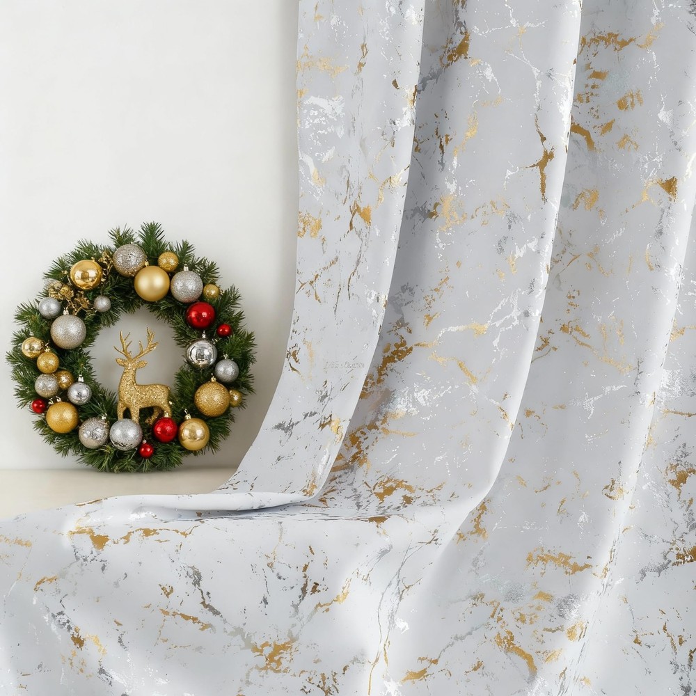 100% Blackout Silver and Gold Patterned Curtains Christmas Decor for Living R...