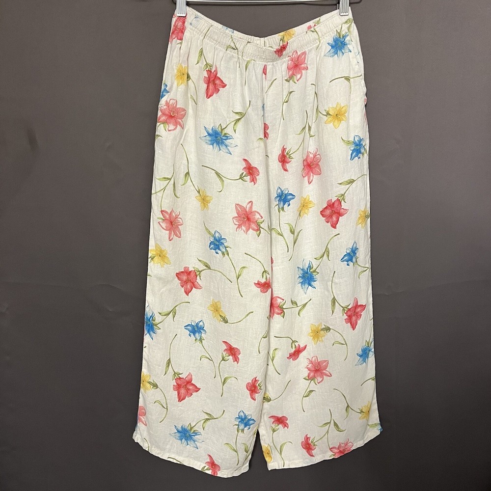 TSD Womens Floral Cropped 100% Linen Boho Flowers Elastic Waist Size M Waist 26