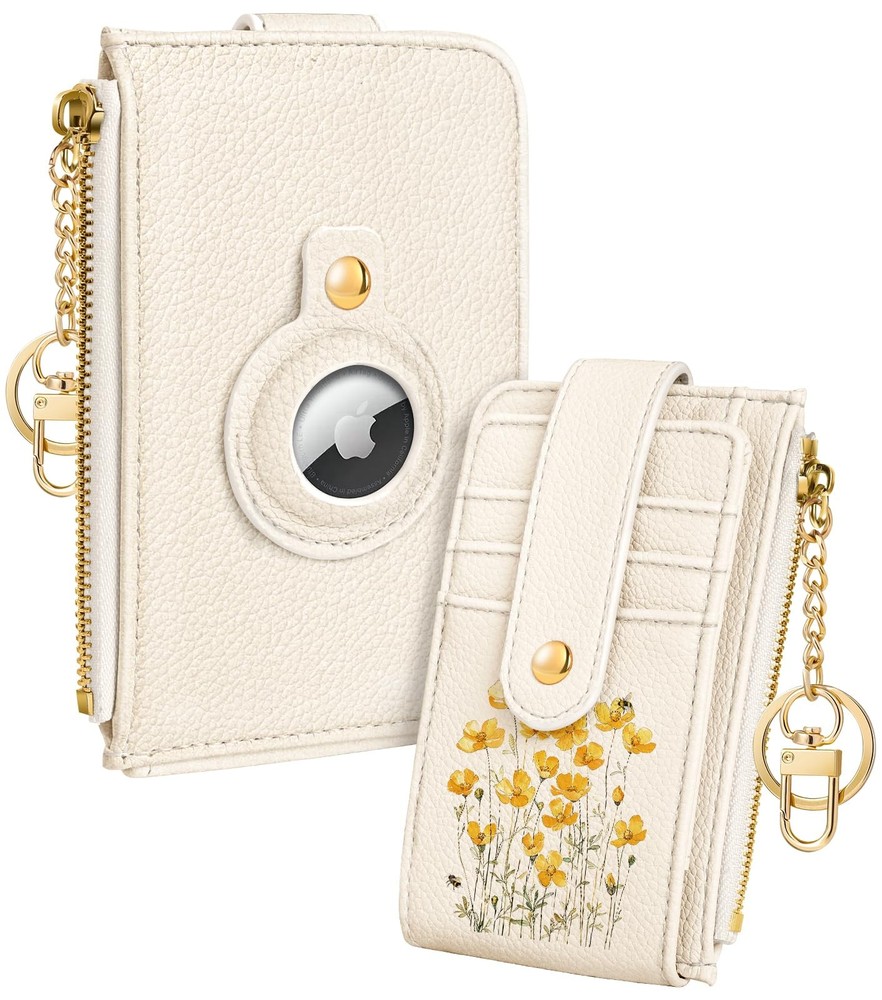 Cute Card Wallet Women with AirTag Holder - Daisy Flower Genuine Leather Smal...