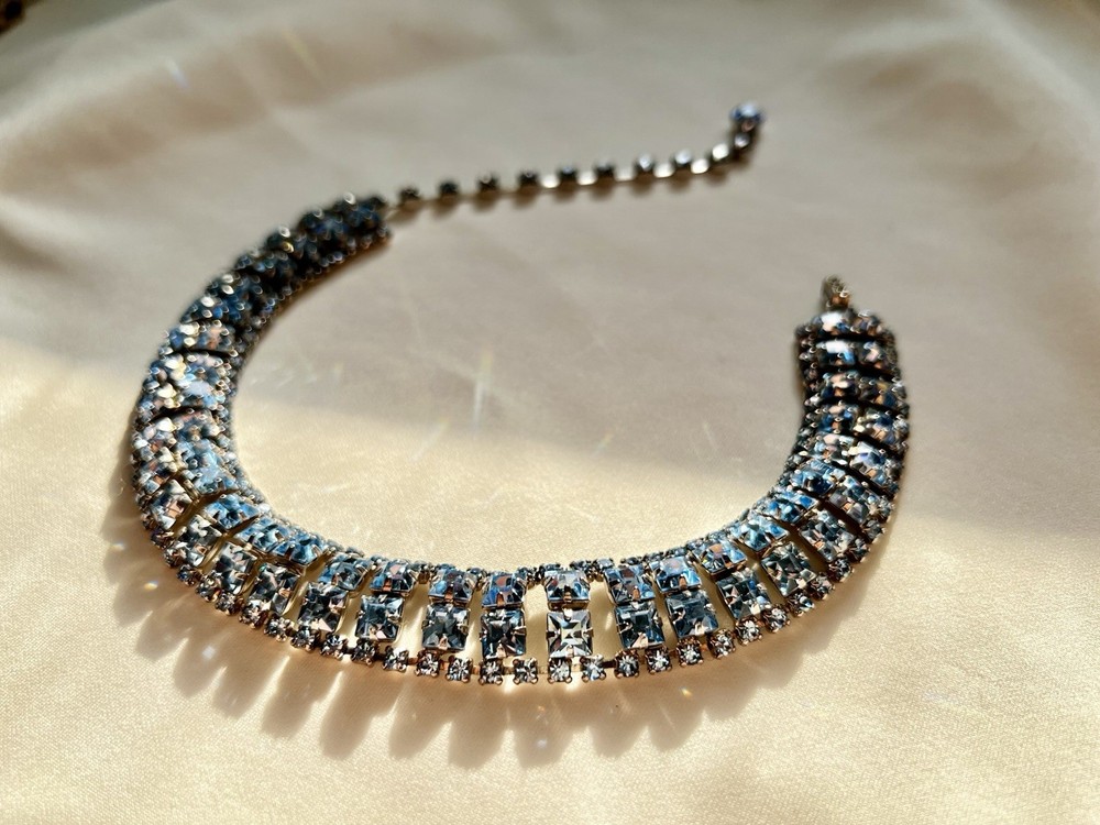 Vintage Aquamarine Blue Rhinestone Crystal Faceted Prong Set Choker Necklace