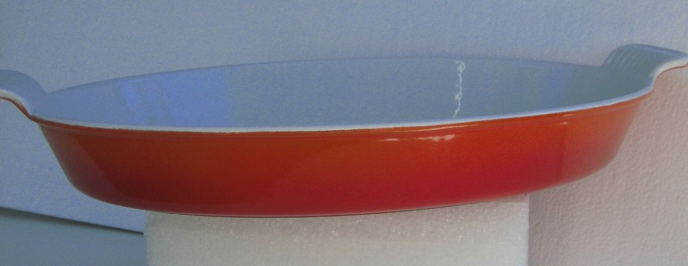 Vintage Le Creuset Flame Orange Enameled Cast Iron Oval Au Gratin 34 Diamond Mark Excellent Condition