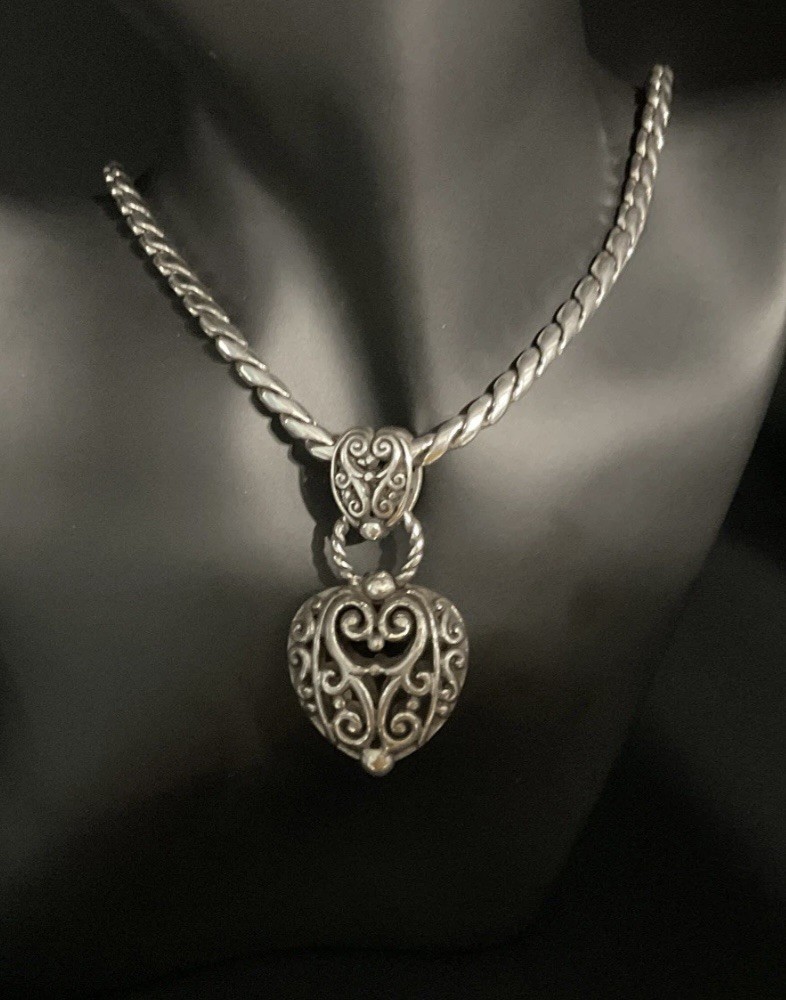 Brighton Bibi Large Heart Necklace Silver Plated Retired Design.