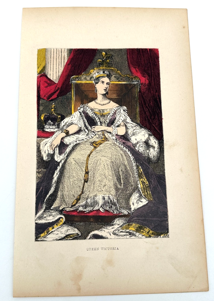 1853 Hand-Colored Engraving – Queen Victoria on Throne (Gilbert/Clark)