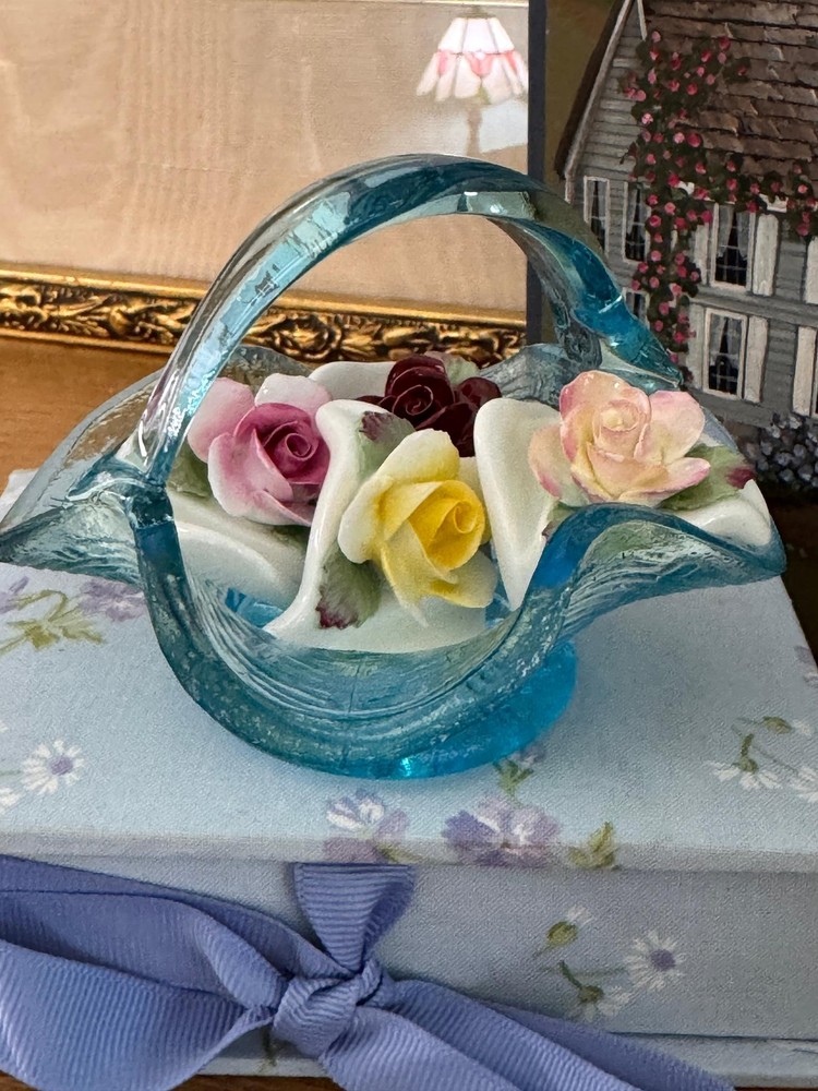 Vintage Blue Westmoreland Glass Basket with Aynsley Bone China Roses