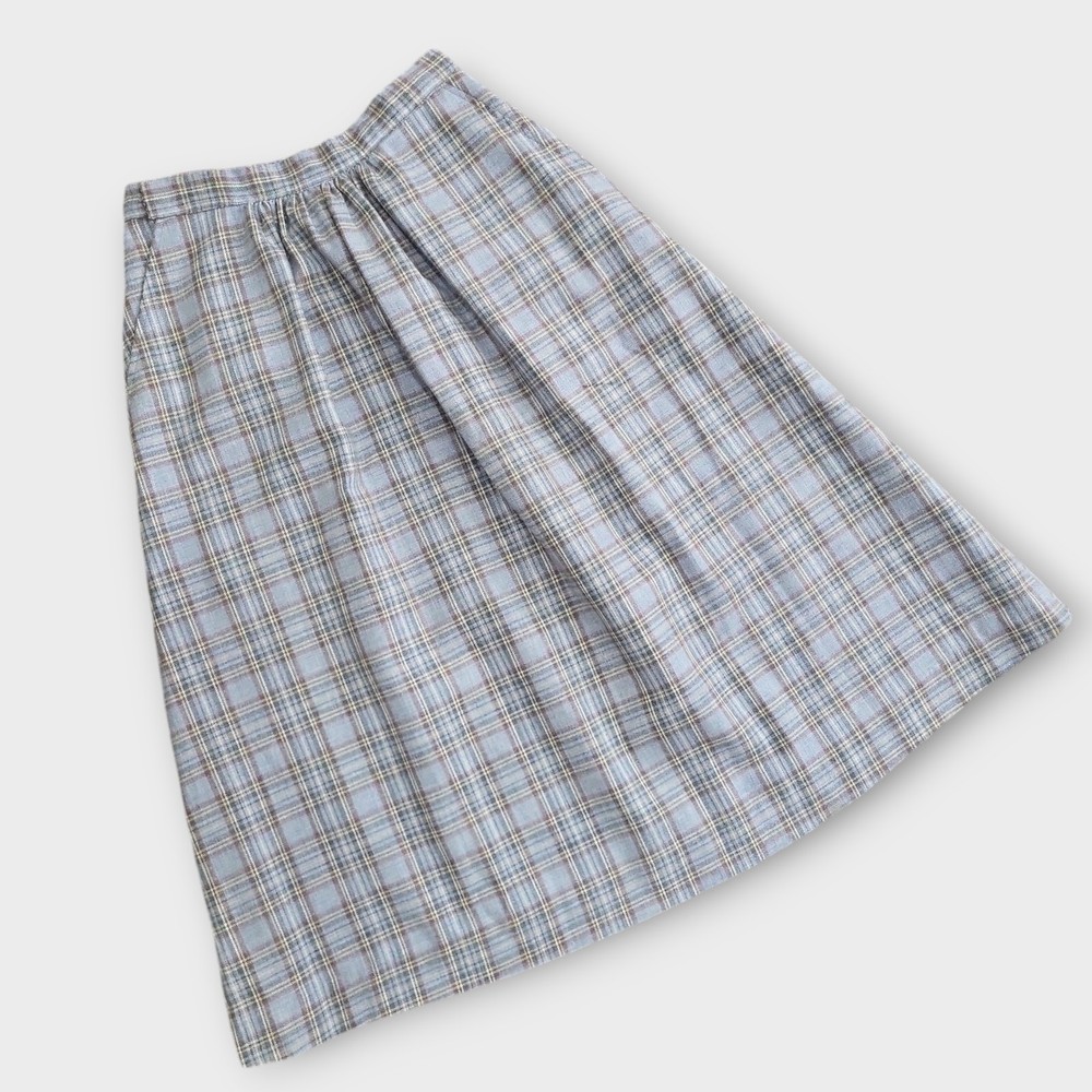 Vintage Light Blue Plaid A-Line Skirt with Pocket Handmade Academia Style XS