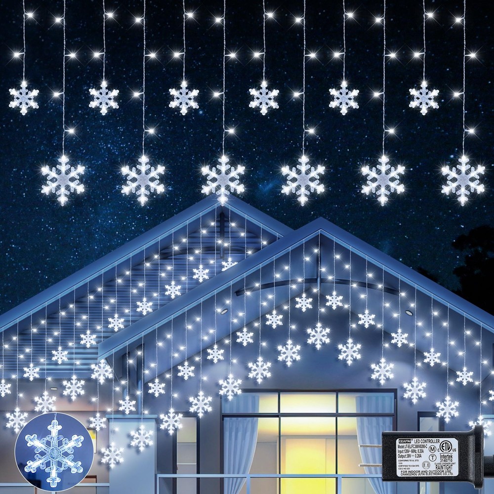Christmas Snowflake Icicle Lights 6.5ft 144LED Outdoor Curtain Lights with 12 Modes