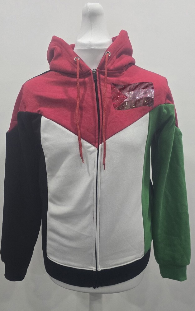 Palestinian Zip Hoodie, Rhinestone Flag Design, High Quality, Unisex. Small-2XL