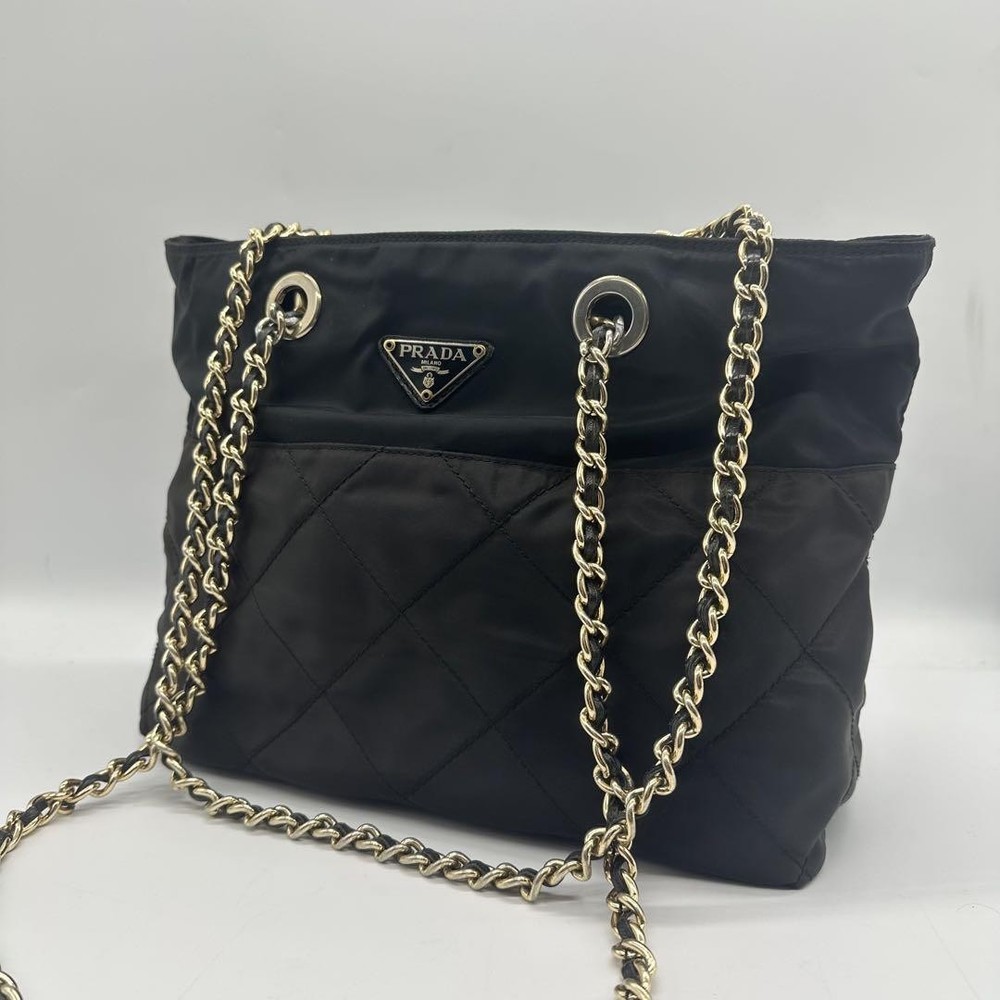 PRADA Black Quilted Shoulder Bag with Chain Strap & Triangle Logo in Excellent Condition from Japan