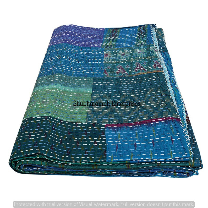 Turquoise Patchwork Silk Kantha Quilt Hippie Bed Cover Boho Bedding Bedspread