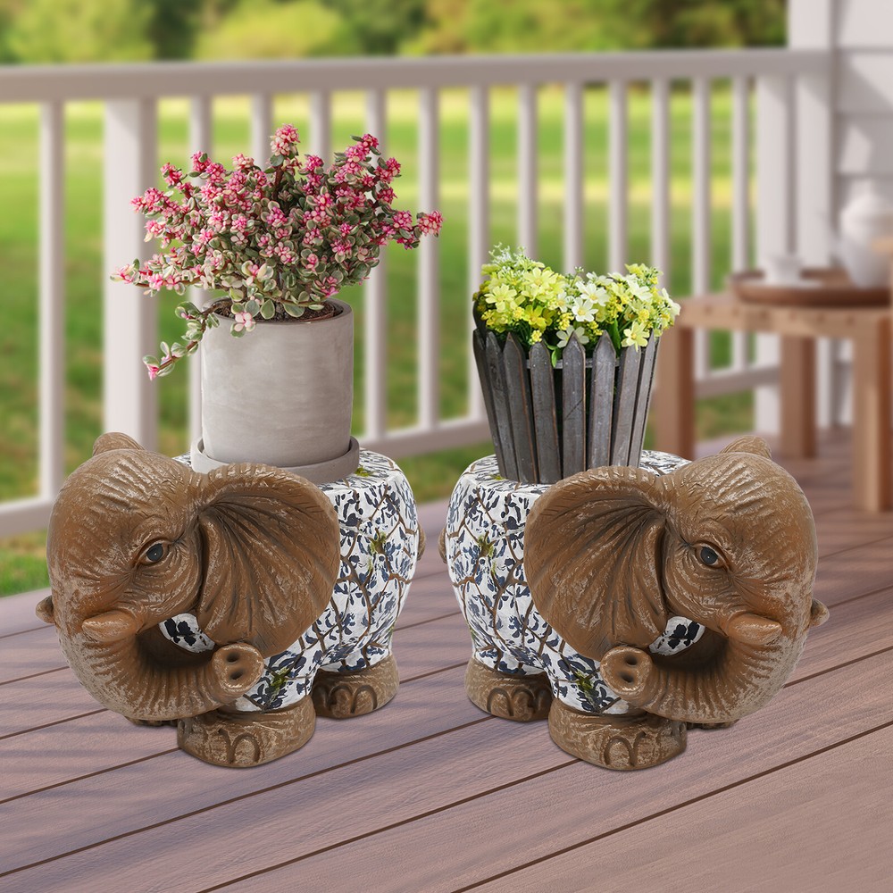 Brown Elephant Ceramic Garden Stool with Trunk Up Design Glossy Accent Side Table 9.06 Inches High