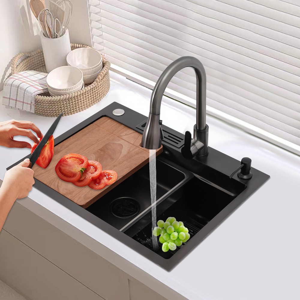 Black Flushmount Workstation Kitchen Sink with Rotatable 360° Faucet