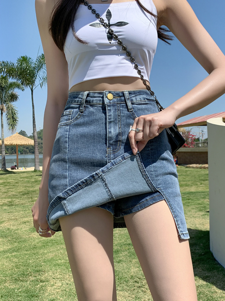 Women's Denim Skirt High Waisted Slimming Half Body Pants Split Short Skirt