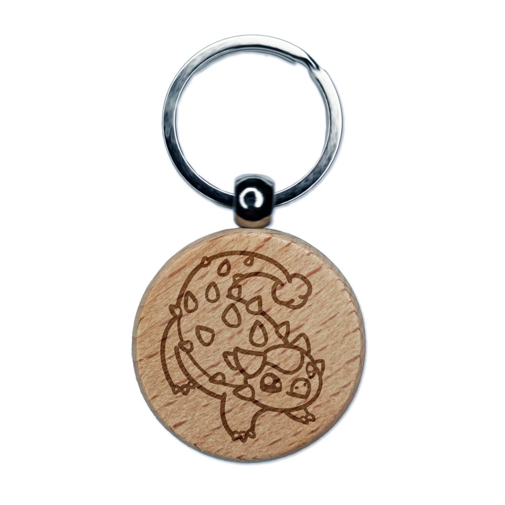 Chibi Ankylosaurus Dinosaur Engraved Wood Round Keychain Tag Charm