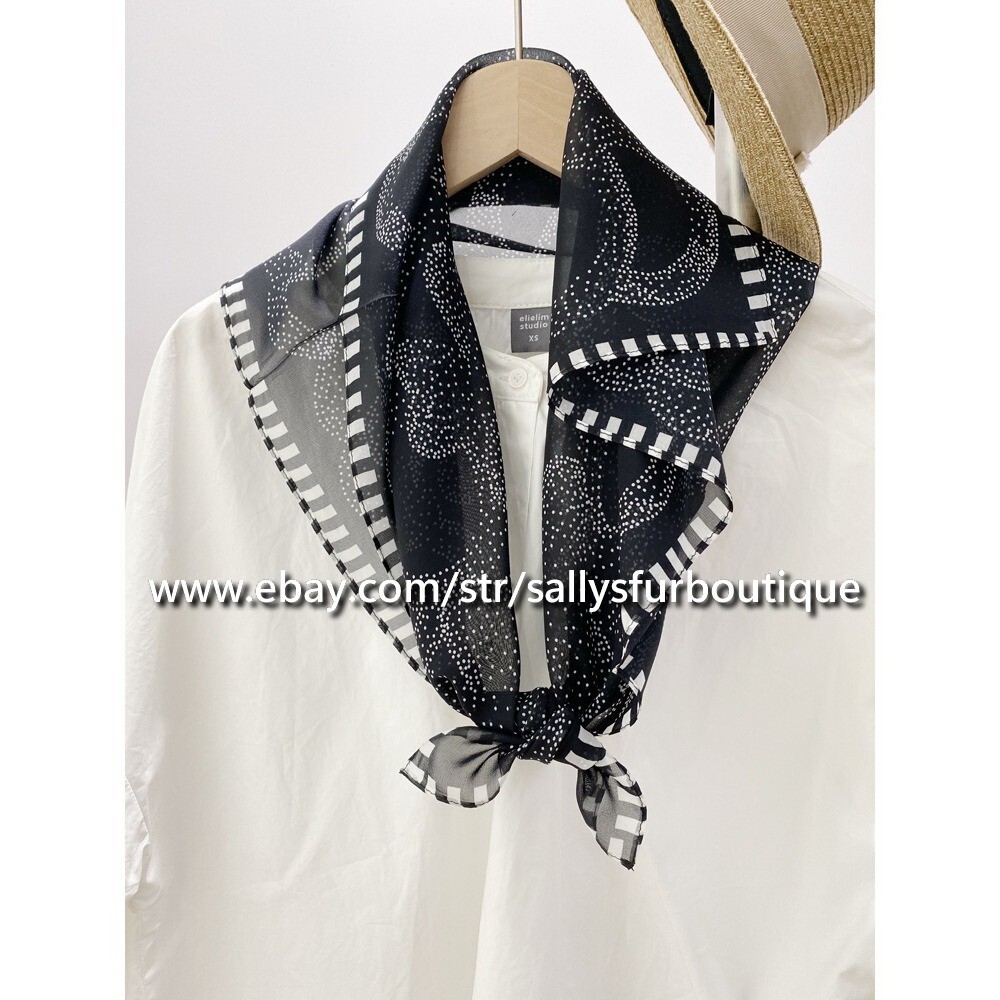 Sally Boutique 100% Mulberry Chiffon Silk Dots Camellia Print Collar Scarf 68cm