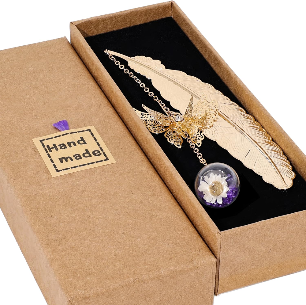 Metal Feather Bookmark with Butterfly Charm – Christmas Gifts for Women, Mom,...
