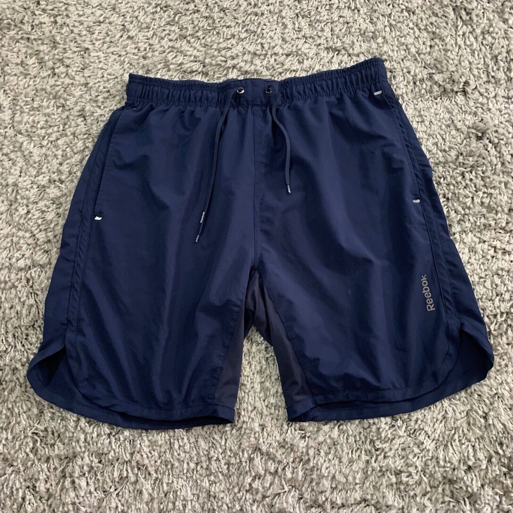 Reebok Shorts Men XL Blue & Gray Logo Spelled Out Basketball Pants Activewear