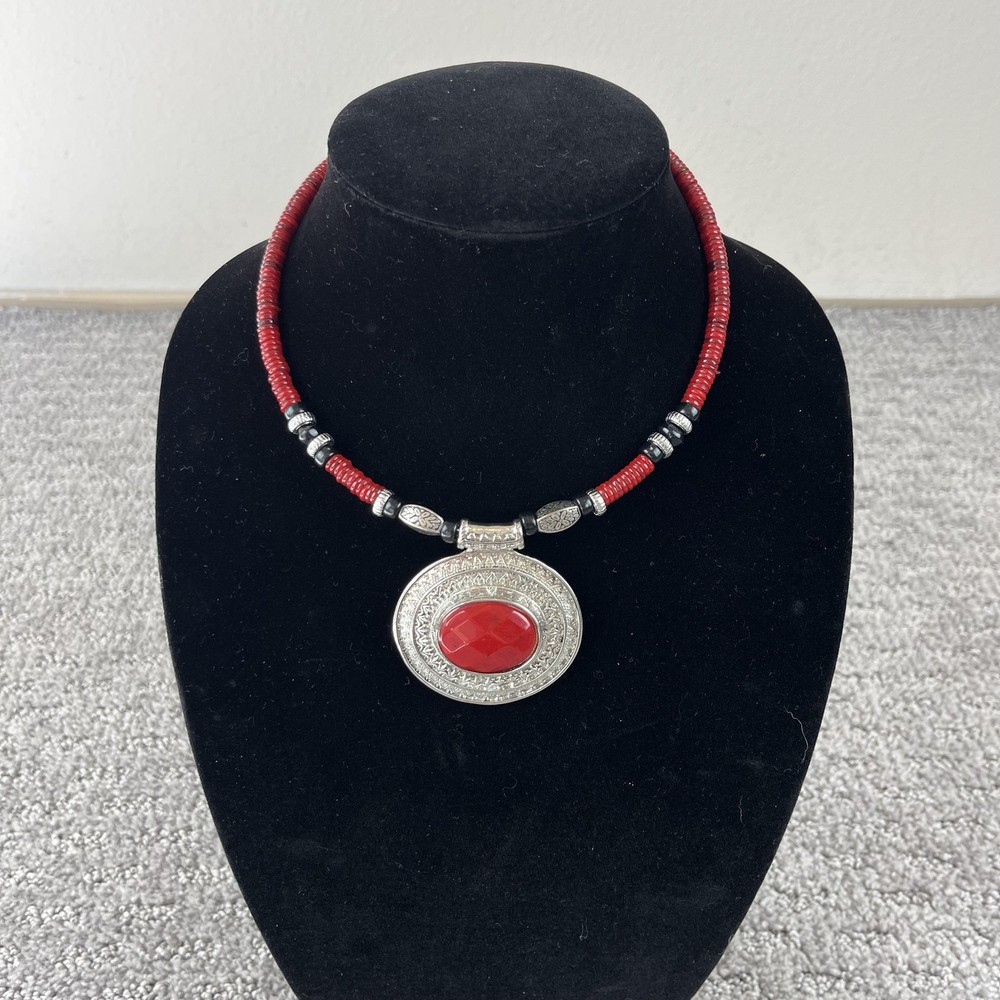 Vintage Statement Choker Necklace Boho Silver Tone Red Beaded Southwestern 90s